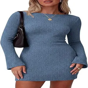 Women casual long sleeve ribbed knit dress elegant slim fit mini dress for autumn winter.