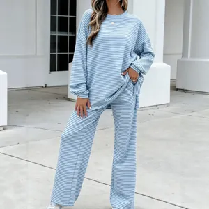 Light blue striped long sleeve lounge set with comfortable trousers for daily relaxing home wear.