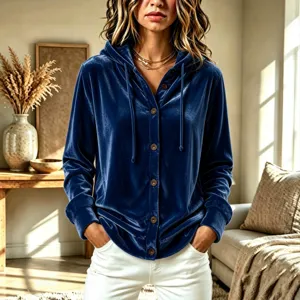 Femme Uni Velours Capuche Manches Longues Bouton Cardigan Casual Mode Automne Hiver Veste