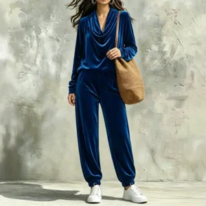Women velvet lounge set cowl neck long sleeve top and jogger pants casual two piece outfit