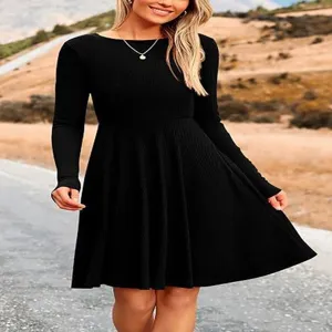 Women long sleeve crewneck solid ribbed skater dress casual autumn winter daily wear chic midi