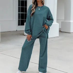 Women green striped lounge set long sleeve top and wide leg pants casual two piece outfit