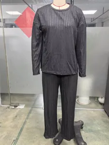 Women casual two piece set ribbed knit top pants autumn fashion outfit detail view