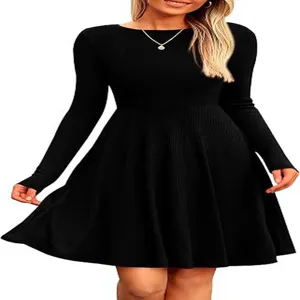 Black long sleeve ribbed dress detail showcasing the classic round neck and elegant A-line silhouette.