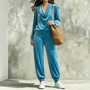 Women velvet tracksuit set draped long sleeve top and jogger pants loungewear outfit