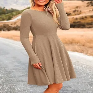 Women casual long sleeve round neck solid color ribbed knit skater dress for autumn wear
