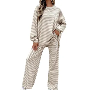 Casual knit striped long sleeve loungewear set for women, comfortable two piece pajama pants.