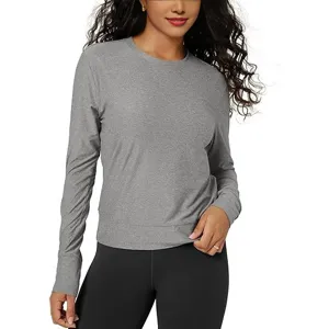 Women Round Neck Long Sleeve Slim Fit Yoga T-Shirt Solid Color Casual Base Layer Top Comfortable Polyester Sports Apparel