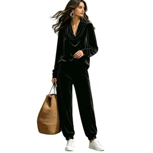 Stylish black velvet loungewear set for women, long sleeve cowl neck top and jogger pants.
