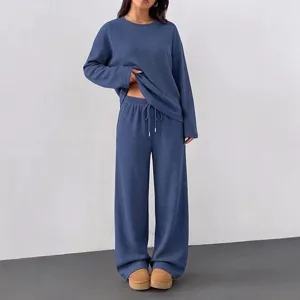 Women Casual Long Sleeve Round Neck Top And Wide Leg Pants Autumn Winter Solid Color Loose Fit Comfortable Lounge Clothing