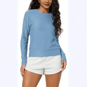 Women casual solid color long sleeve crewneck athletic slim fit pullover top for daily wear.