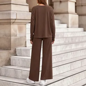 Women autumn casual loose crewneck ribbed knit two piece set detail view showing back fit