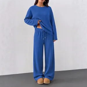 Women Casual Long Sleeve Crewneck Top And Wide Leg Pants Loungewear Set Fashion
