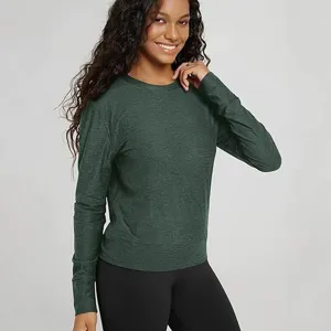 Women solid long sleeve crewneck top slim fit yoga sports casual athletic shirt basic apparel