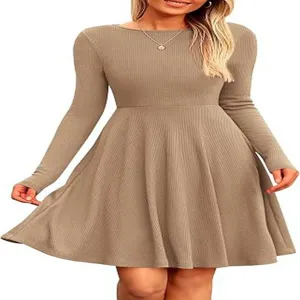 Long sleeve crew neck solid color ribbed flared casual dress for women autumn winter fashion