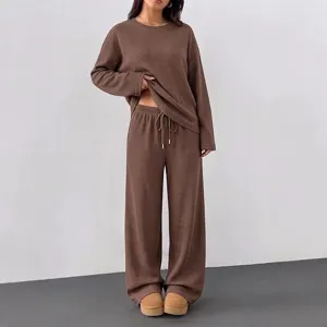 Women casual two-piece loungewear set with long sleeve crewneck top and wide leg pants