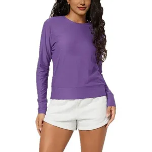 Women solid color long sleeve round neck slim fit casual athletic sports top tee shirt