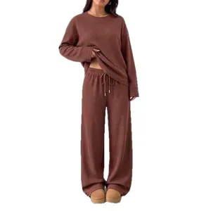 Women Autumn Winter Casual Solid Long Sleeve Crewneck Top And Wide Leg Pants Set New