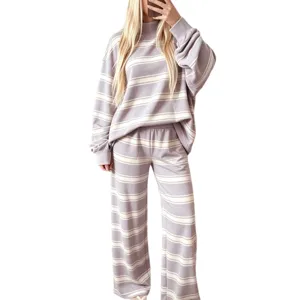 Women's Casual Striped Long Sleeve Sweatshirt & Wide Leg Pants Loungewear Set