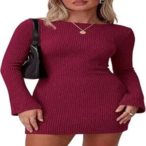 Women casual long sleeve ribbed knit mini dress slim fit autumn winter fashion apparel