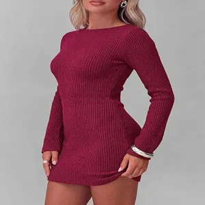 Close-up view of the stylish burgundy long-sleeve ribbed knit bodycon mini dress design.
