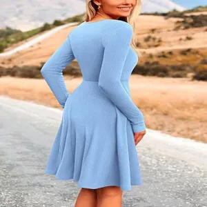 Light blue ribbed long sleeve dress casual crewneck midi dress for women autumn wear