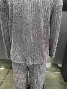 Grey ribbed knit two piece set women long sleeve top and pants casual autumn outfit detail.