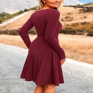 Solid long sleeve round neck midi dress for women, elegant casual autumn winter outfit.