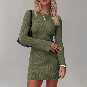 Women Autumn Winter Knit Bodycon Midi Dress Long Sleeve Ribbed Round Neck Solid Color Slim Fit Pullover Casual Fashion Sweater Dress