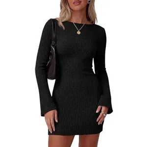 Women long sleeve ribbed knit mini dress, casual slim fit winter bodycon party dress.