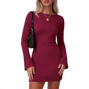 Chic long sleeve knitted mini dress for women, stylish slim fit autumn winter casual apparel.