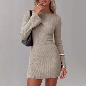 Women Autumn Winter Long Sleeve Ribbed Knit Bodycon Mini Dress Casual Elegant Chic Outfit