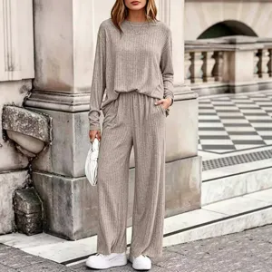 Women Ribbed Knit Top And Bottom Polyester Spandex Round Neck Long Sleeve Pullover Top And Wide Leg Pants Casual Autumn Loungewear