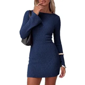Women long sleeve ribbed knit bodycon dress casual slim fit stylish winter blue dress