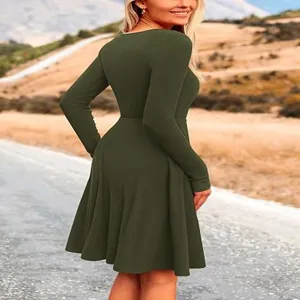 Women solid color long sleeve round neck ribbed knit dress casual slim fit midi dress
