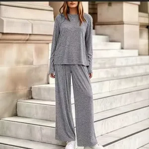 Women grey ribbed knit two piece set casual loose crew neck long sleeve top wide pants