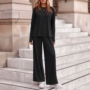 Women casual ribbed knit two piece set long sleeve top wide leg pants daily outfit.