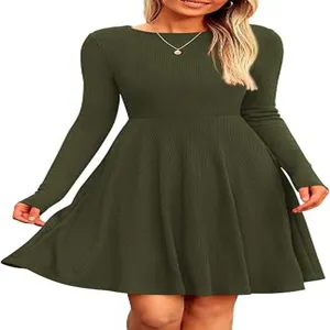 Close-up detail view showing the texture of the elegant army green long sleeve ribbed dress.