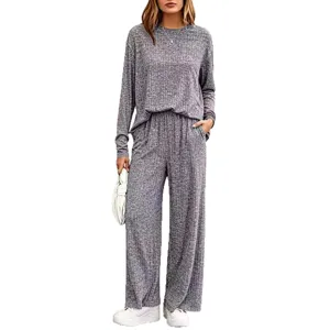 Women Autumn Two Piece Set Casual Long Sleeve Crewneck Top Wide Leg Ribbed Knit Pants
