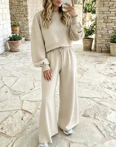 Women casual two piece set solid color round neck sweatshirt wide leg pants lounge wear