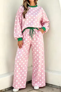 Stijlvolle dames roze stipjes print sweatshirt en broek casual lounge set met groene boord