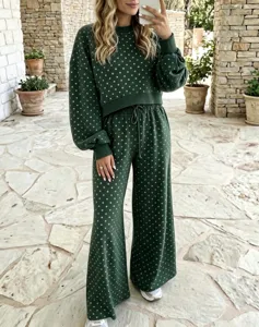 Green polka dot long sleeve sweatshirt and high waist wide leg pants casual set detail.