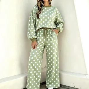 Dames Casual Polka Dot Bedrukt Polyester Broek Set Ronde Hals Lange Mouw Top En Bottom Met Zak Trekkoord Casual Co-ords