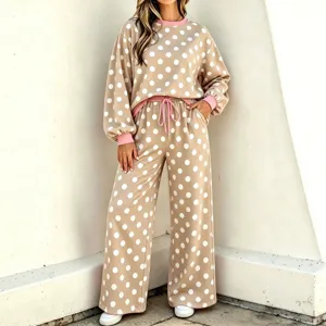 Stijlvolle Dames Stippen Print Langarm Loungewear Set Casual Trekkoord Broek Outfit