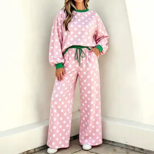 Dames roze stipjesprint lange mouw top en wijde broek casual tweedelig setje nieuw