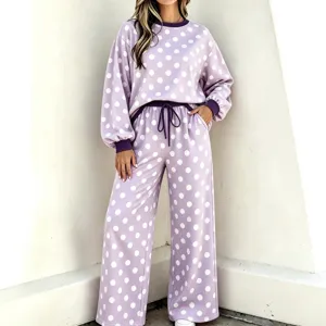 Dames stippen loungewear set, lange mouw ronde hals sweatshirt en wijde broek met zakken.