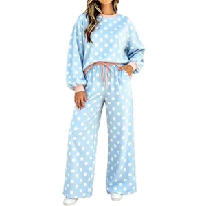Dames comfortabele loungewear set met polkadot print ronde hals lange mouw top en wijde broek