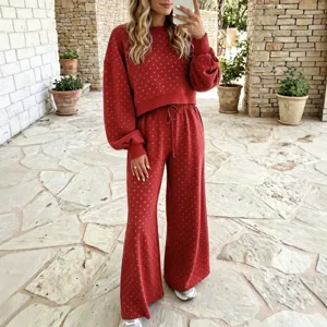 Red polka dot crop top and wide leg pants lounge set for women autumn chic outfit