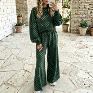 Green polka dot lounge set for women, long sleeve sweatshirt and wide leg pants casual outfit.