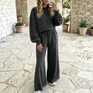 Women casual grey polka dot sweatshirt and wide leg pants matching lounge set 2026 autumn